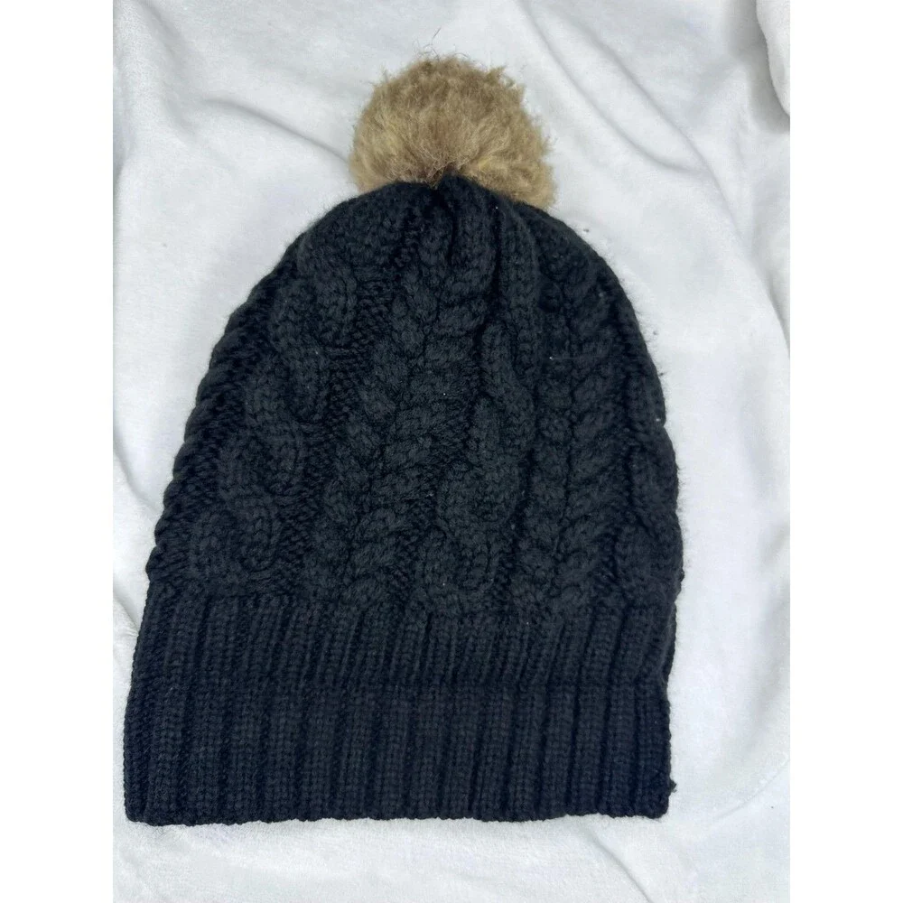 Timberland Hat Beanie Black Cable Knit Faux Fur Pom Fleece Lined Womens One Size
